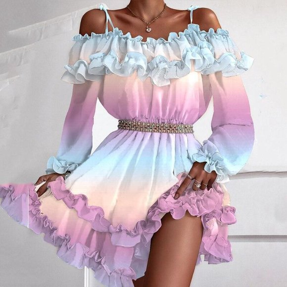 Off Shoulder Ruffle Long Sleeve Mini Dress - Picture 2 of 4